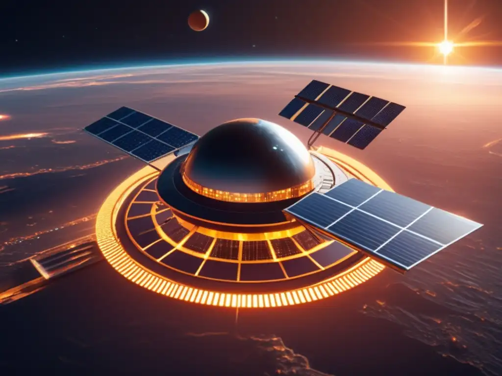 Estación espacial futurista con paneles solares Estación espacial solar: Energía solar espacial riesgos, tecnología avanzada y beneficios sostenibles
