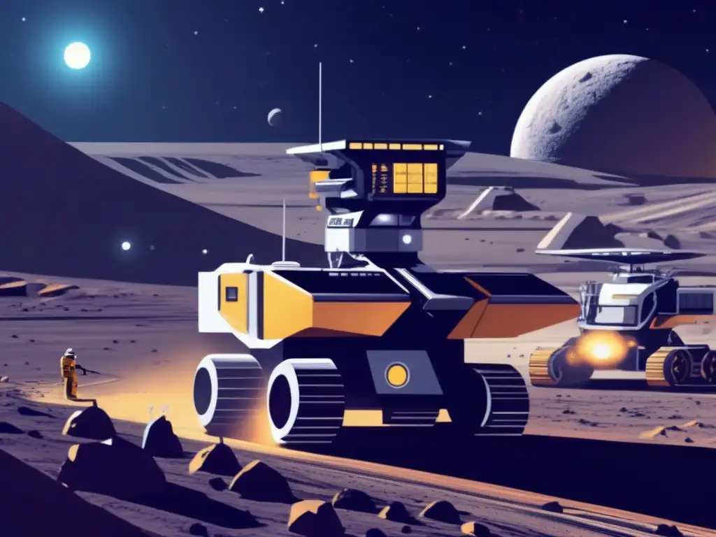 Futuro de la minería espacial Jurisdicción minería espacial en acción con tecnología avanzada y maquinaria, extrayendo recursos en paisaje lunar