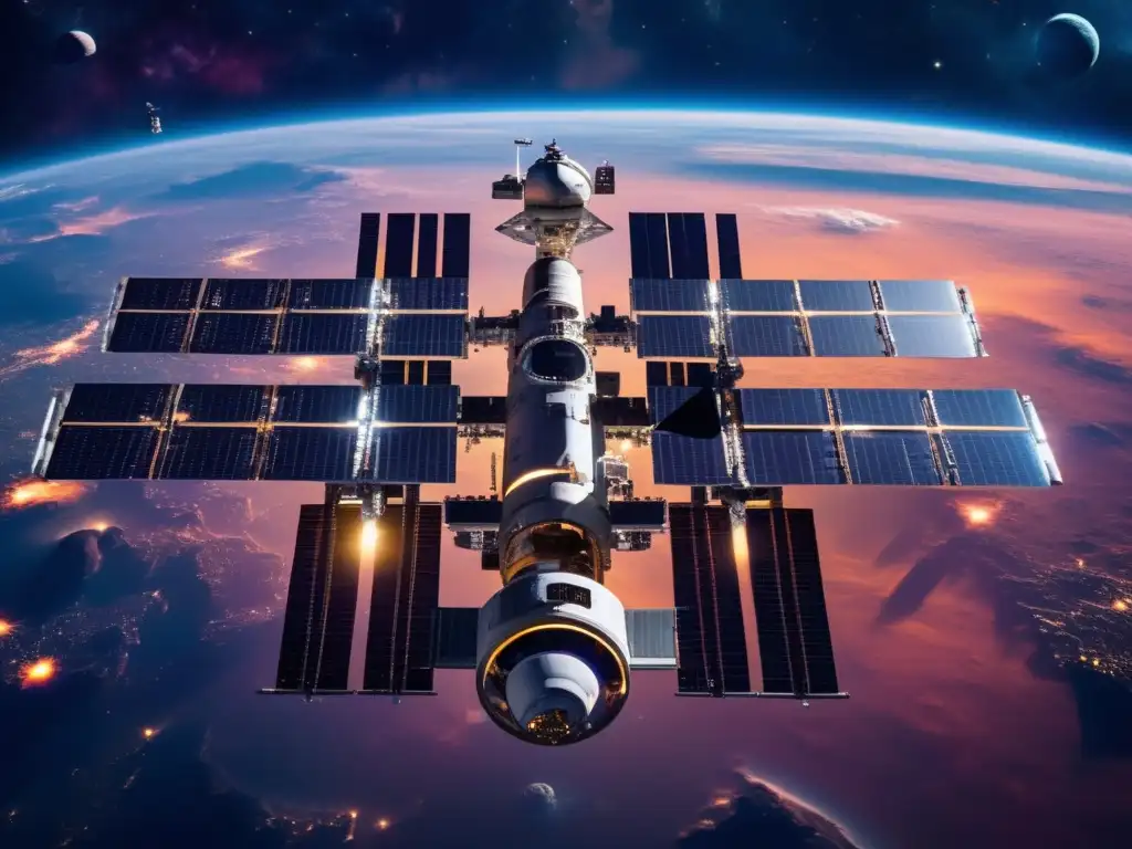 Estación espacial y asteroides Estación espacial flotando sobre la Tierra, con reciclaje de asteroides para economía espacial