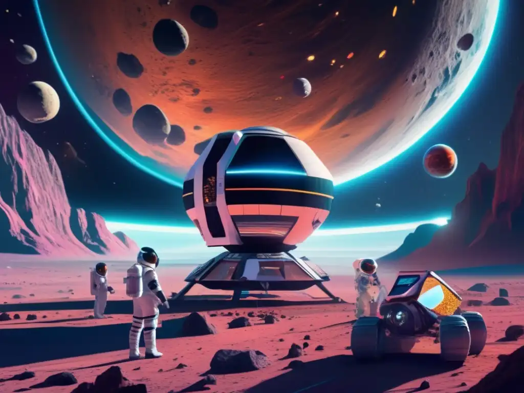 Estación espacial investigando tratamientos de enfermedades raras en asteroide colorido y vibrante