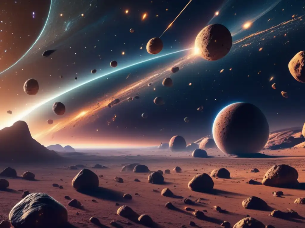 Espacio 8k con asteroides interconectados y satélites observando