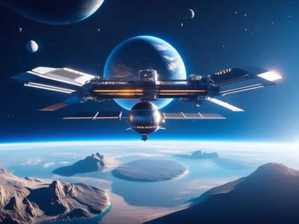 Estación espacial futurista protegiendo planeta Espacio con estación futurista, defensa planetaria de asteroides