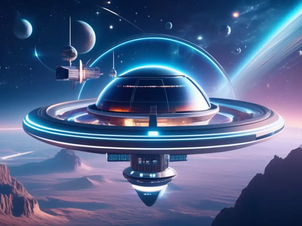 Espectacular estación espacial futurista en el cosmos Espacio futurista con estación espacial y reciclaje de asteroides