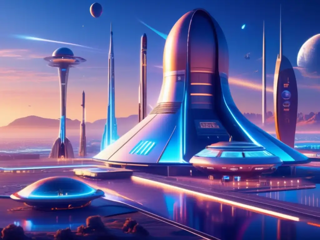 Futuro espacioportuario con arquitectura moderna Espacio futurista con puerto espacial, anuncios holográficos, naves y profesionales - Alianzas empresariales economía espacial