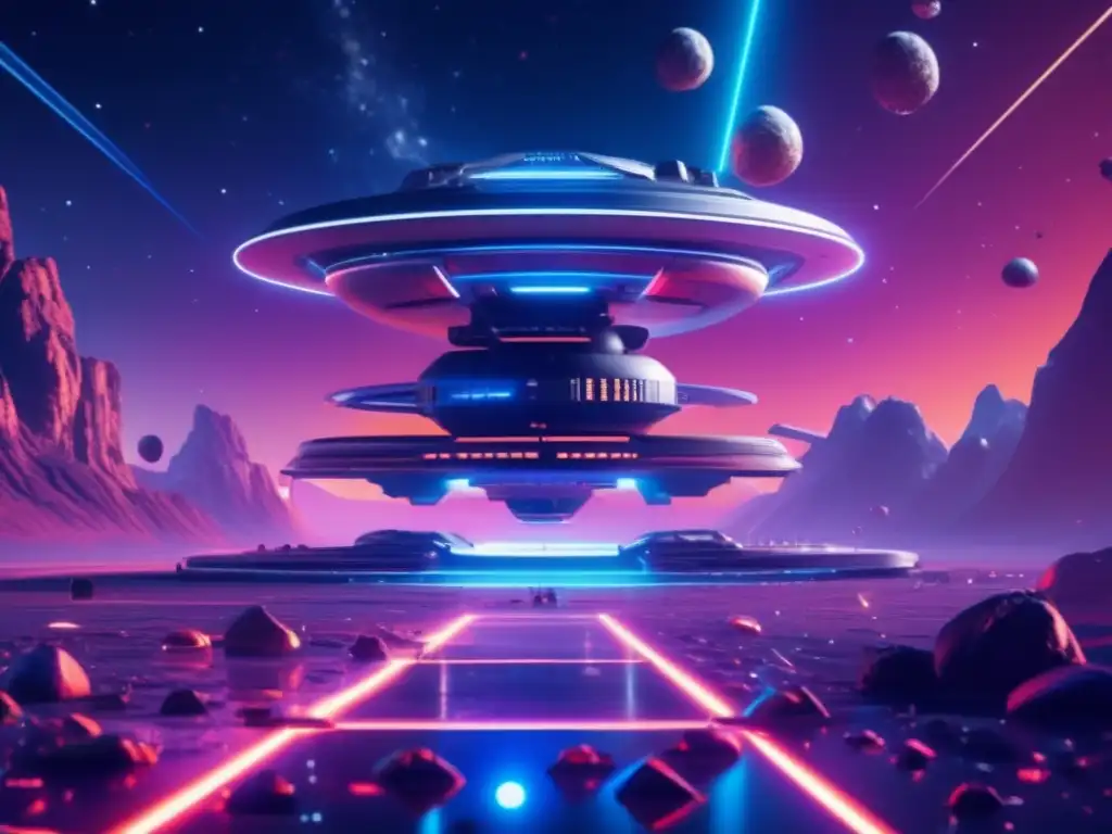 Estación espacial futurista rodeada de asteroides Espacio estación futurista rodeada de asteroides: Comercio espacial de recursos asteroidales