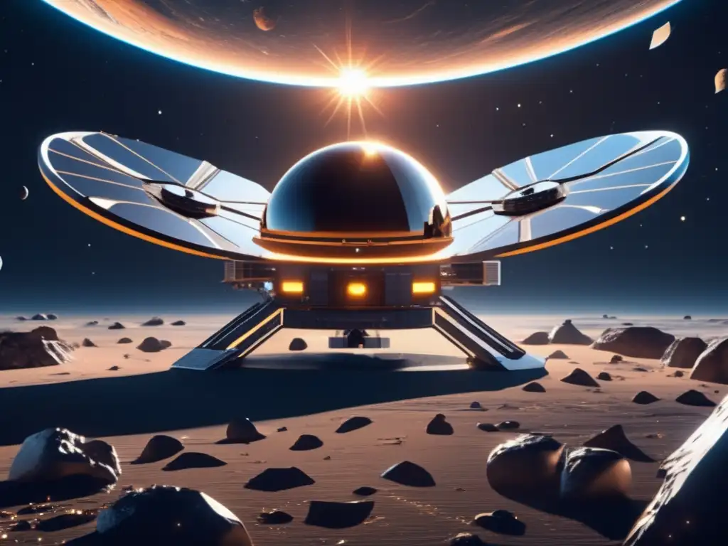 Estación espacial futurista en campo de asteroides Espacio futurista con estación solar y asteroides: explorando asteroides como recursos