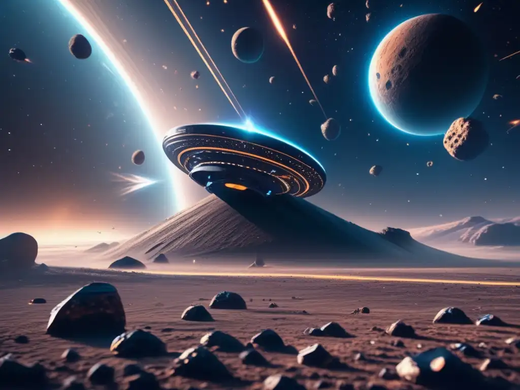 Espacio misterioso: Nave futurista navega en campo asteroide, exuda preparación y estrategias supervivencia ante troyano