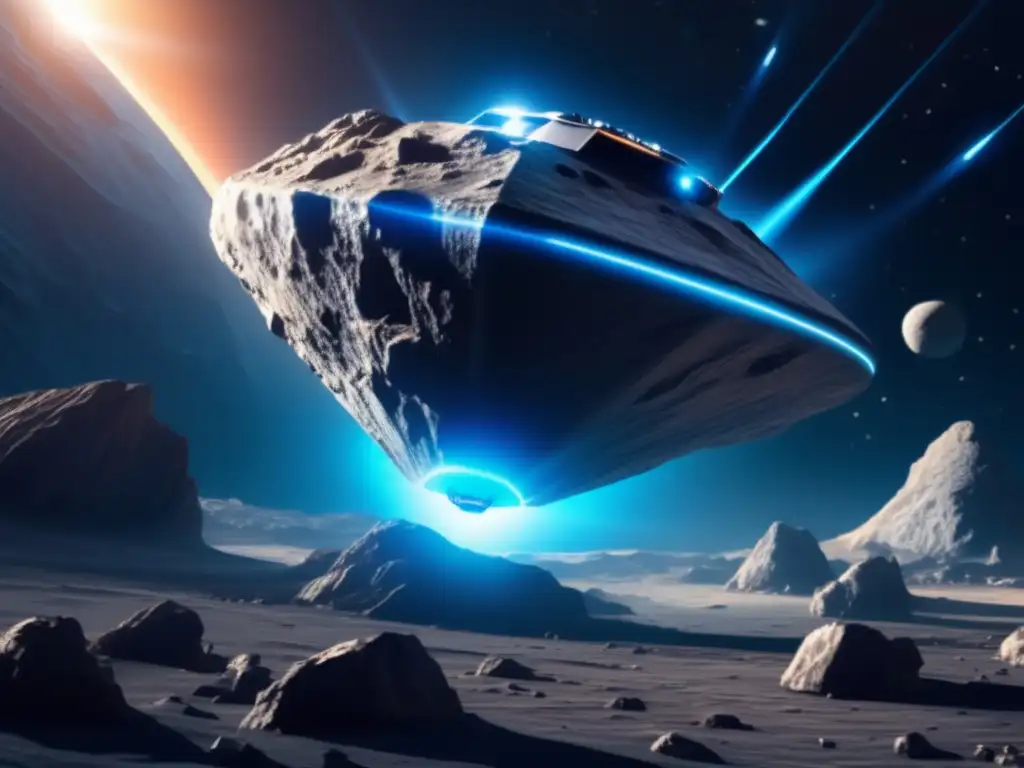 Espacio: Nave futurista sobre asteroide en el universo - Exploración de asteroides binarios