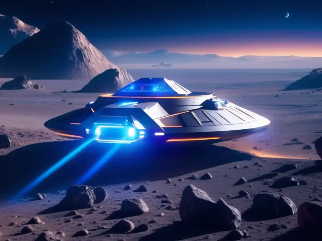 Espacio: Nave futurista en asteroide, IA y exploración (110 caracteres)