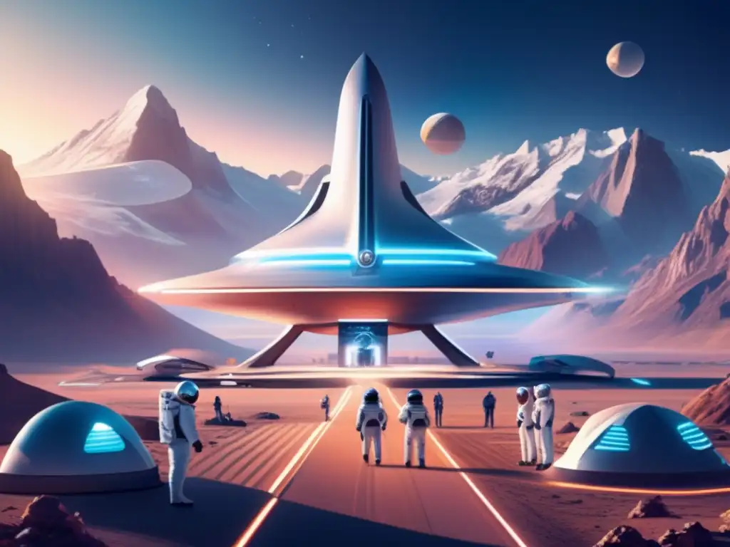 Futuro espacioport en montañas con astronautas Espacioport futuro rodeado de montañas, astronautas internacionales y asteroides: Financiamiento internacional carrera asteroides