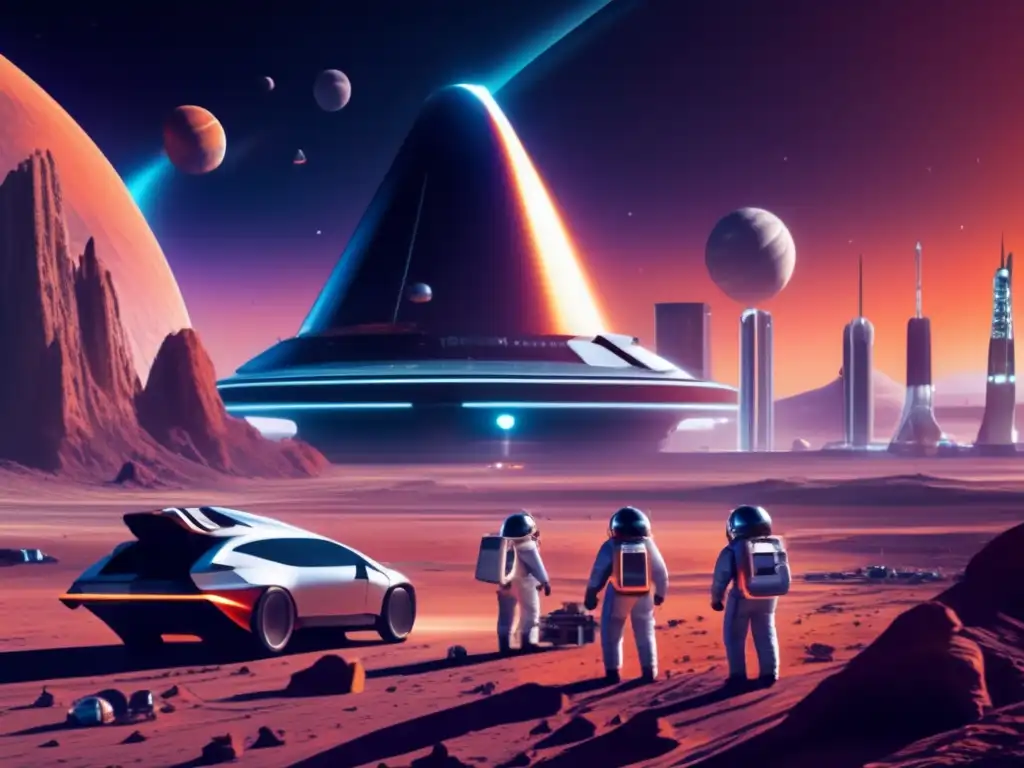 Spaceport futurista con astronautas y mina de asteroides Espacioport silicato asteroide minado por drones espaciales
