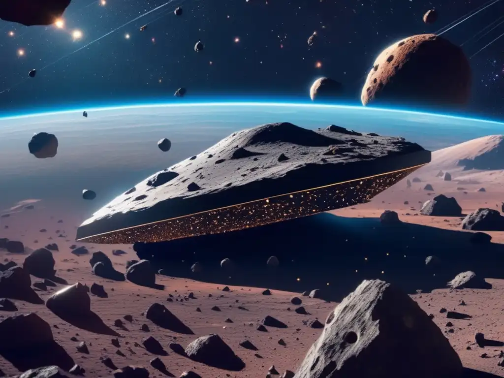 Impresionante vista de campo de asteroides Espectacular imagen de asteroides en el espacio, resaltando la nave futurista y los deslumbrantes rayos solares