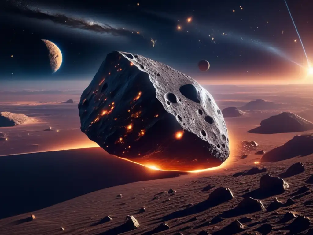 Majestuoso asteroide en el espacio Espectacular imagen 8K del espacio con asteroide, nave futurista y leyes internacionales contaminación espacial asteroides