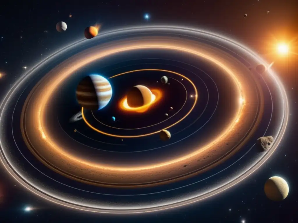 Maravillosa vista del sistema solar y asteroides Espectacular imagen en 8k del sistema solar, con asteroides desafiando las predicciones de órbita