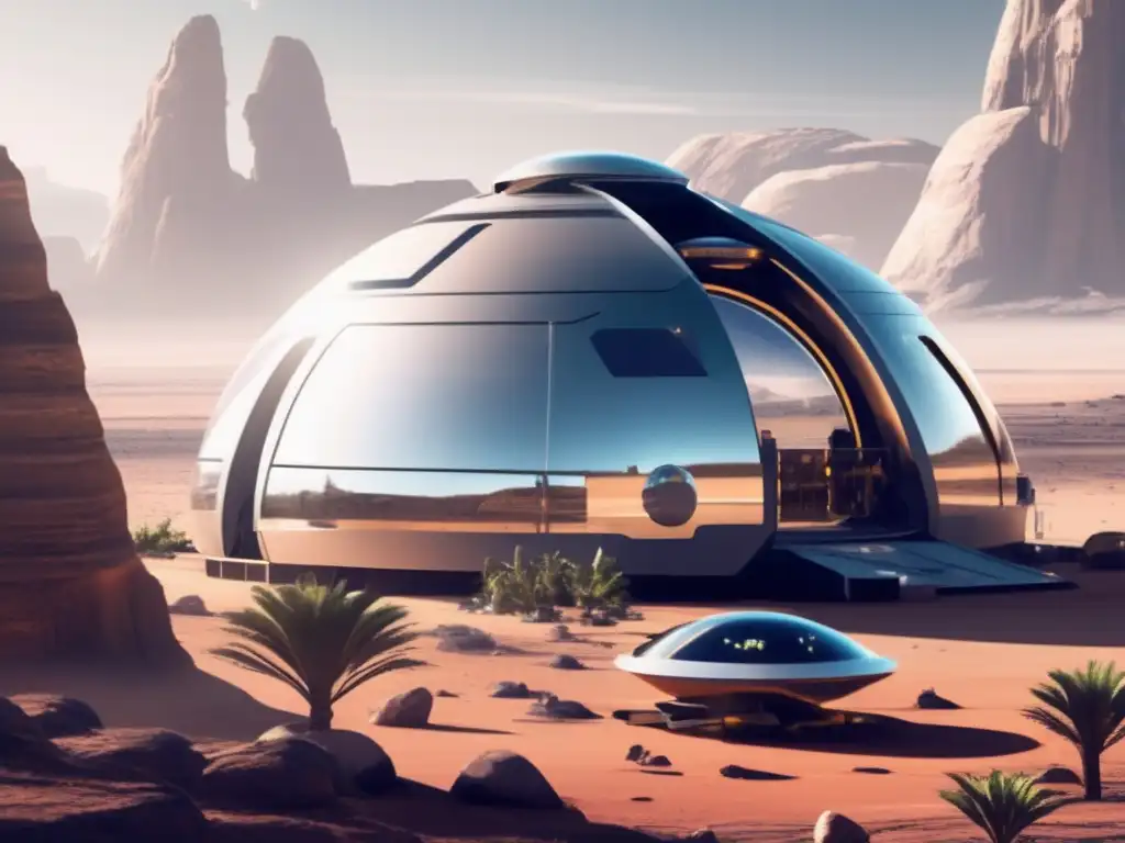 Estación espacial futurista en asteroide Oasis Una estación espacial futurista en el asteroide Oasis, rodeada de paisaje árido