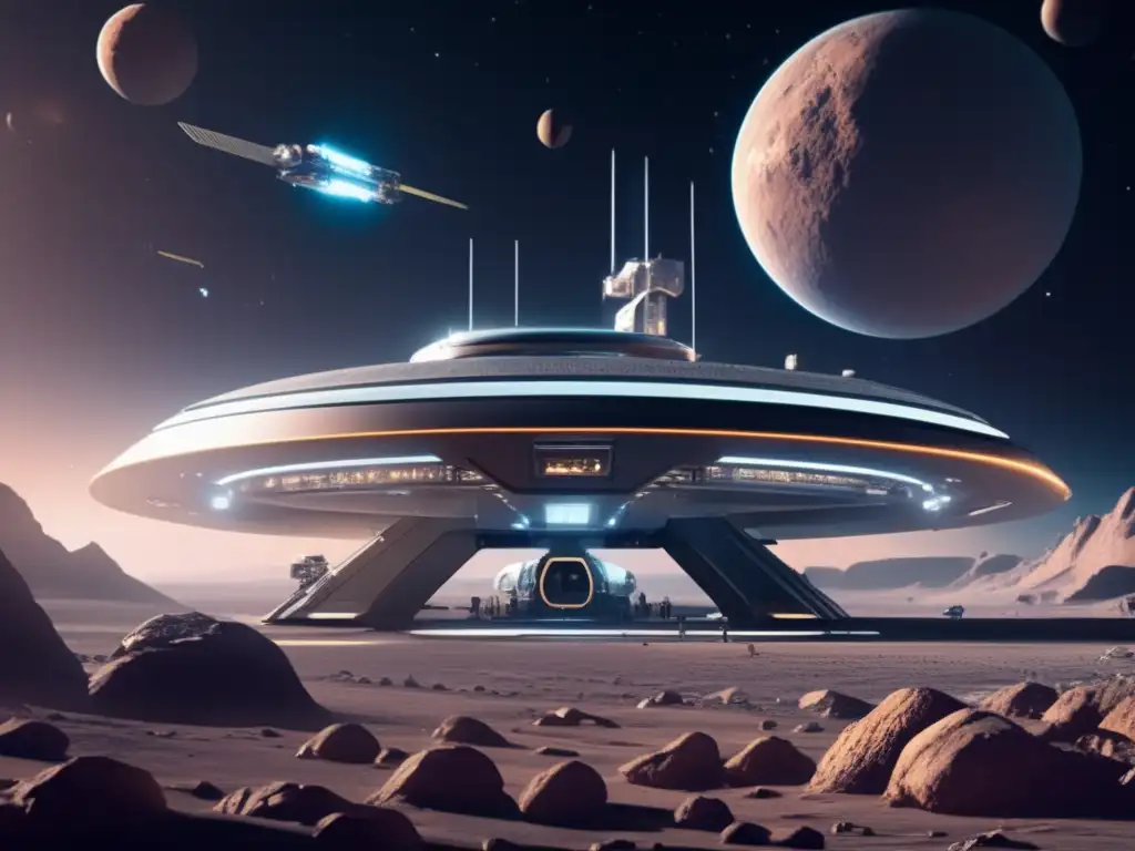 Una estación espacial futurista en un asteroide, científicos realizando investigación y tratamiento de enfermedades raras