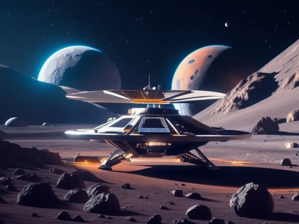 Estación espacial futurista orbitando asteroide Una estación espacial futurista orbita un asteroide mientras astronautas realizan experimentos científicos y operaciones mineras