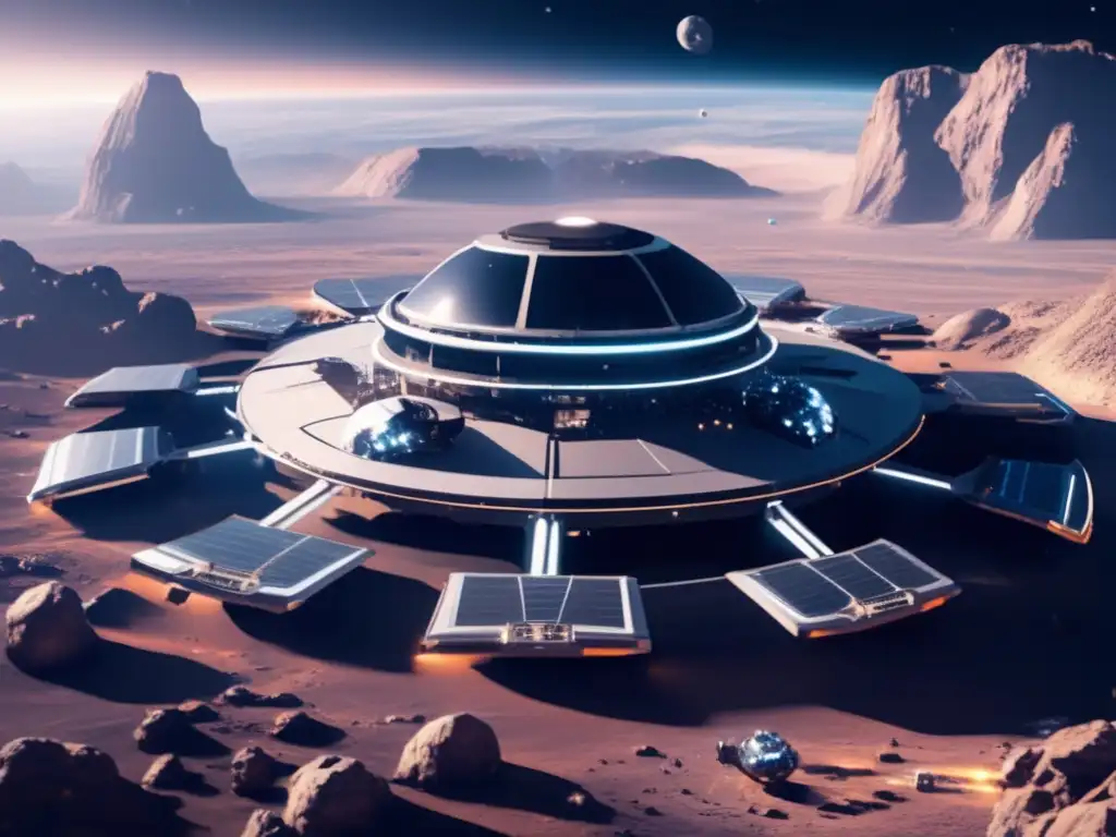 Una estación espacial futurista de 8k orbitando un asteroide, rodeada de drones mineros y naves espaciales