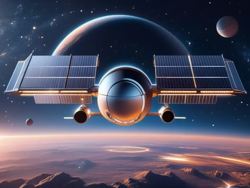 Estación espacial futurista y sostenible Una estación espacial futurista flotando en el espacio, con astronautas reciclando en gravedad cero