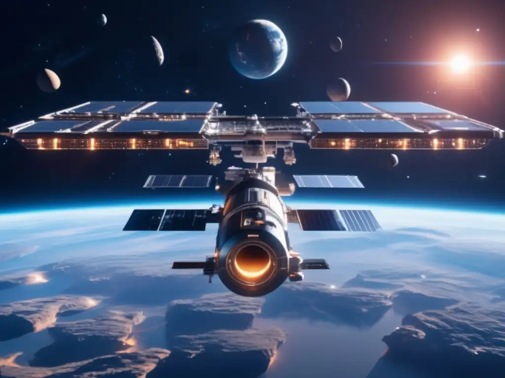 Estación espacial futurista y asteroides Una estación espacial futurista flota en el espacio, con una vista asombrosa de la Tierra
