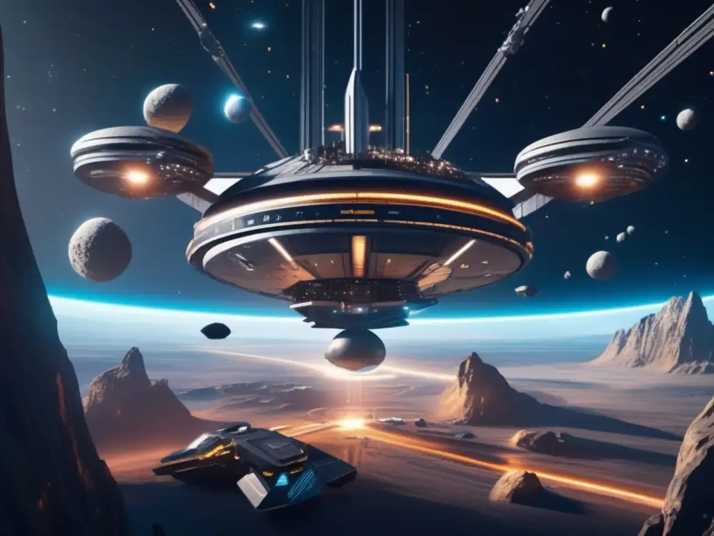 Una estación espacial futurista y minas en asteroides, mostrando la minería y la geopolítica en el espacio