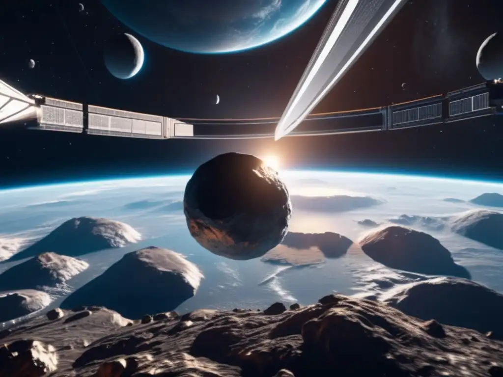 Futurista estación espacial y asteroide Una estación espacial futurista en órbita de un asteroide, con la Tierra de fondo
