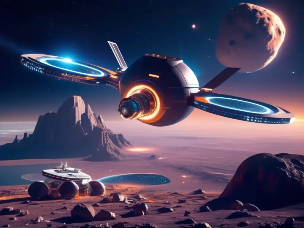 Estación espacial futurista en asteroide Una estación espacial moderna en órbita alrededor de un asteroide