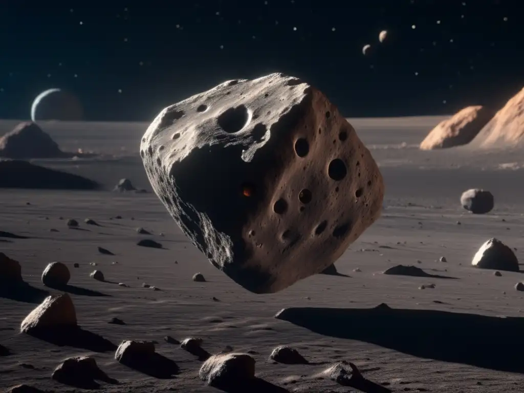 Asteroide desolado en el espacio An asteroida estéril flota en el espacio, con su superficie rocosa y cráteres
