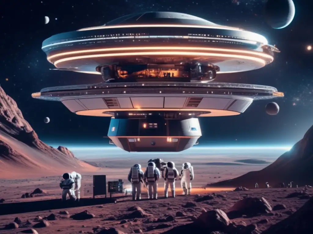 Estación espacial futurista protegiendo la Tierra Estrategias para desviar asteroides peligrosos en una estación espacial futurista rodeada de estrellas y galaxias