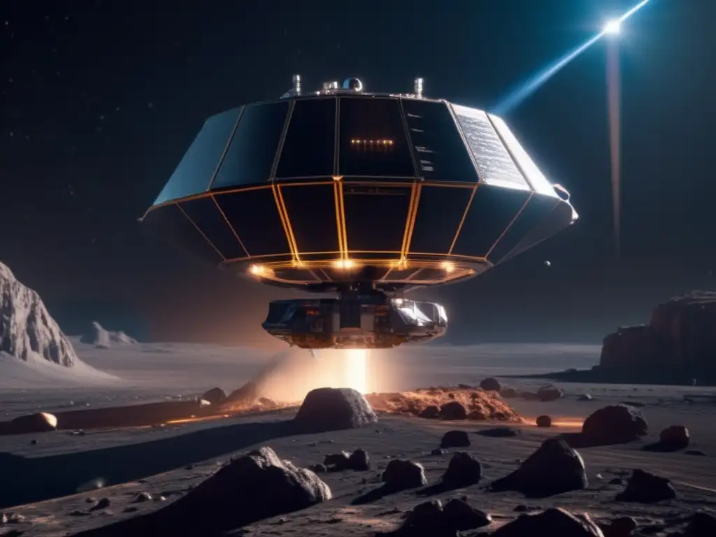 Sonda espacial futurista explorando asteroide Estrategias para desviar asteroides peligrosos en una imagen futurista de una sonda espacial y un asteroide rocoso