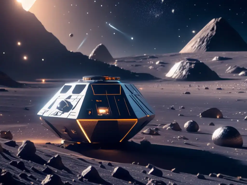 Estrategias comerciales minería asteroides, imagen 8k ultradetallada de una operación futurista de minería espacial en un asteroide