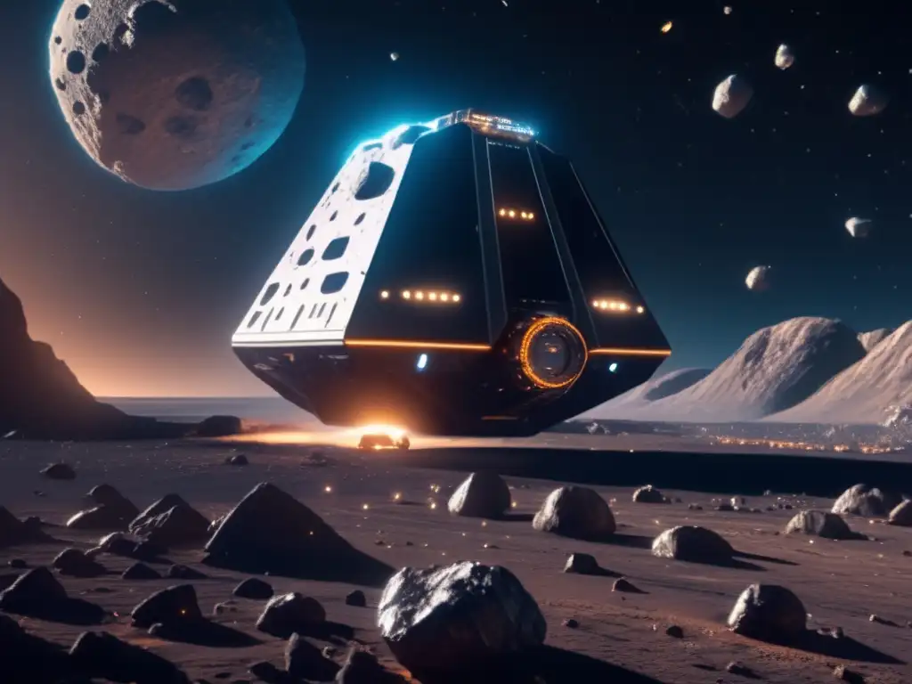 Estrategias comerciales minería asteroides: Operación minera espacial futurista en asteroide, tecnología avanzada y recursos infinitos