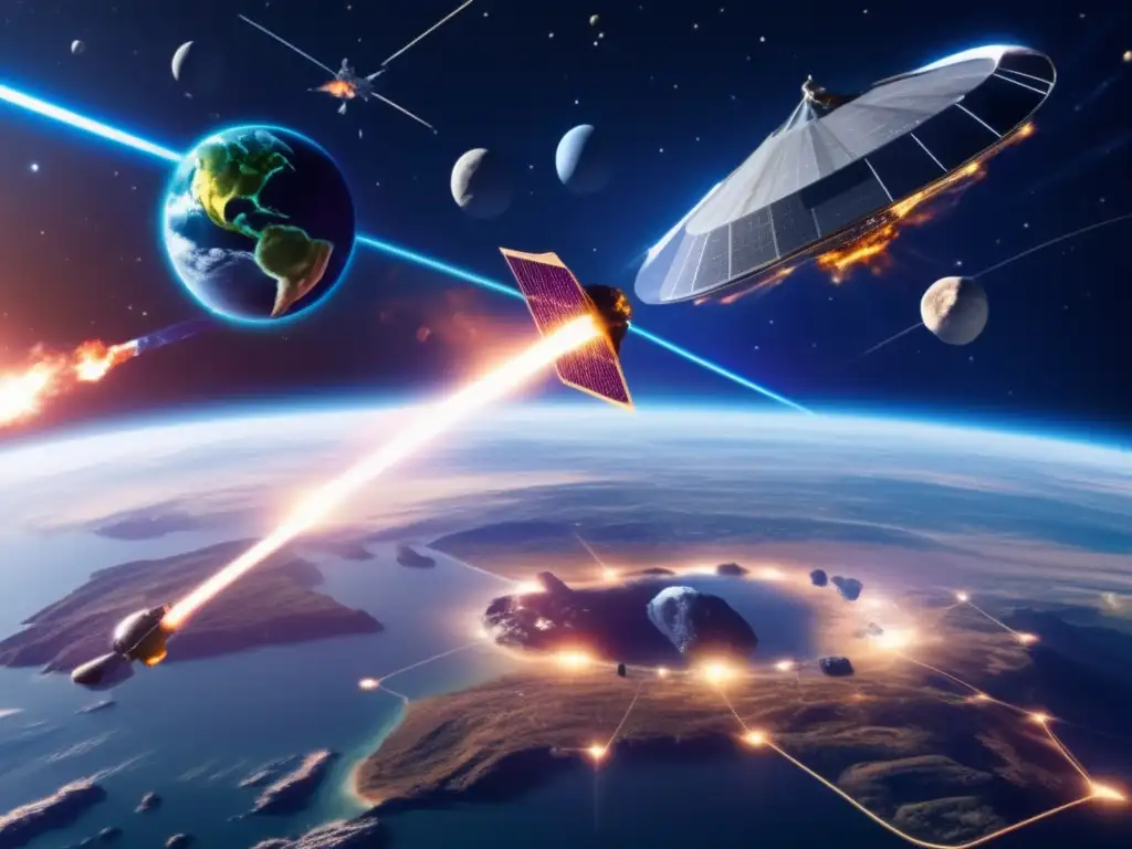 Defensa global contra asteroides Estrategias defensa global asteroides: Panorama espacial de defensa planetaria contra asteroide, con satélites hightech y láseres poderosos