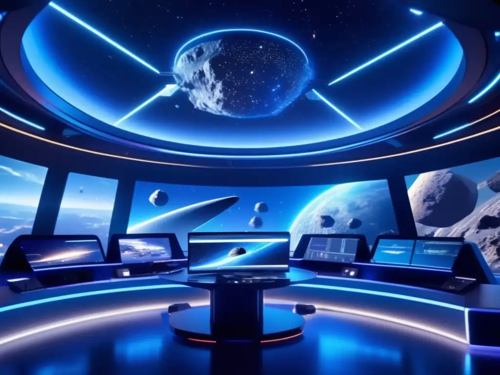 Control global defensa asteroides Estrategias defensa global asteroides: Futuro control hightech con científicos, hologramas y vista impresionante de la Tierra