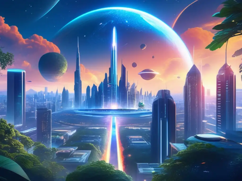 Futurista ciudad bajo cúpula de vidrio Estrategias defensa global, ciudad futurista bajo cúpula de cristal, árboles gigantes, asteroide amenazante, láseres defensivos