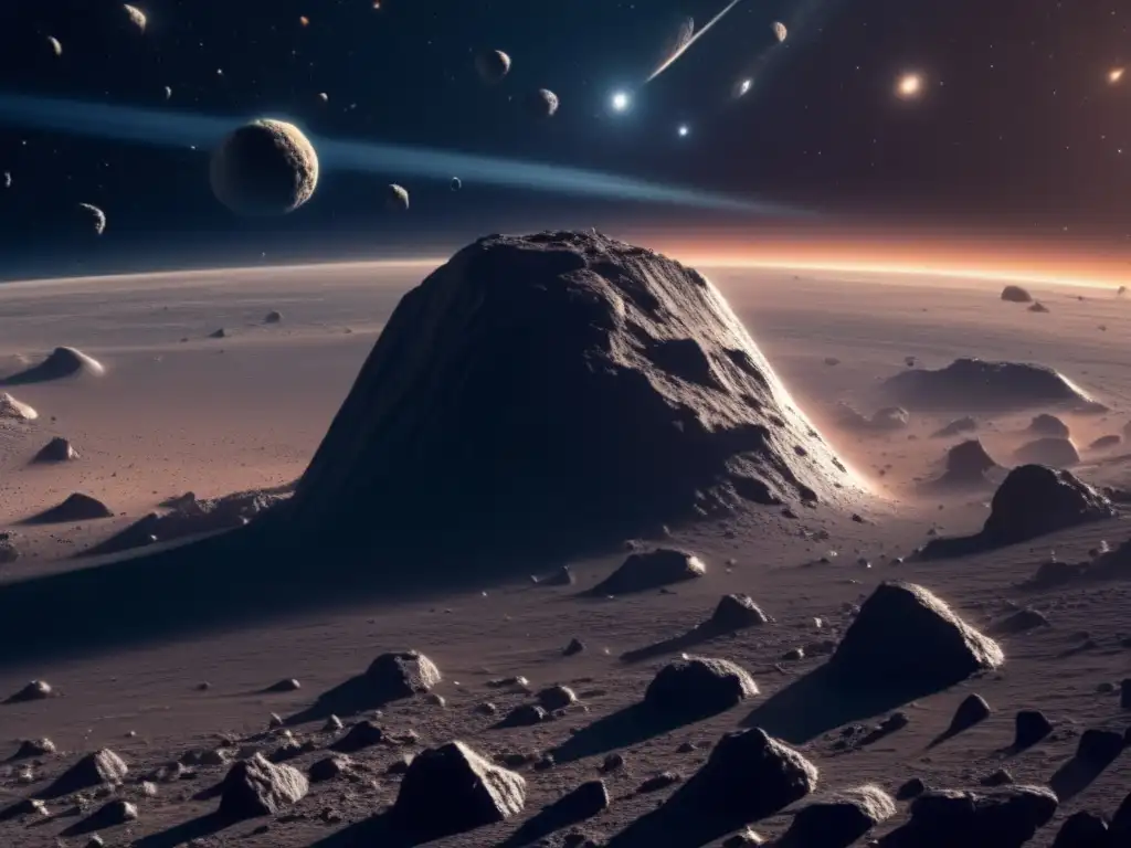 Estrategias de desviación asteroides tipo C: imagen impresionante 8k que muestra vasto espacio con cinturón asteroides destacado