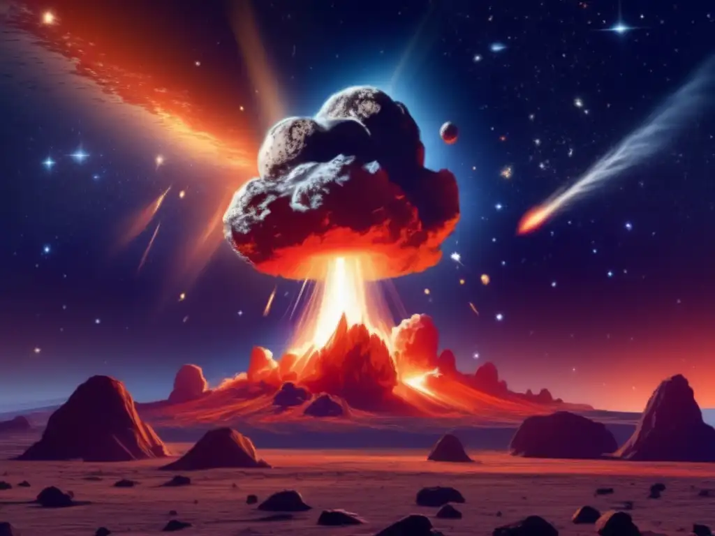 Asteroida amenaza inminente Estrategias de desvío de asteroides: cielo nocturno estrellado con asteroide en llamas y la Tierra en peligro