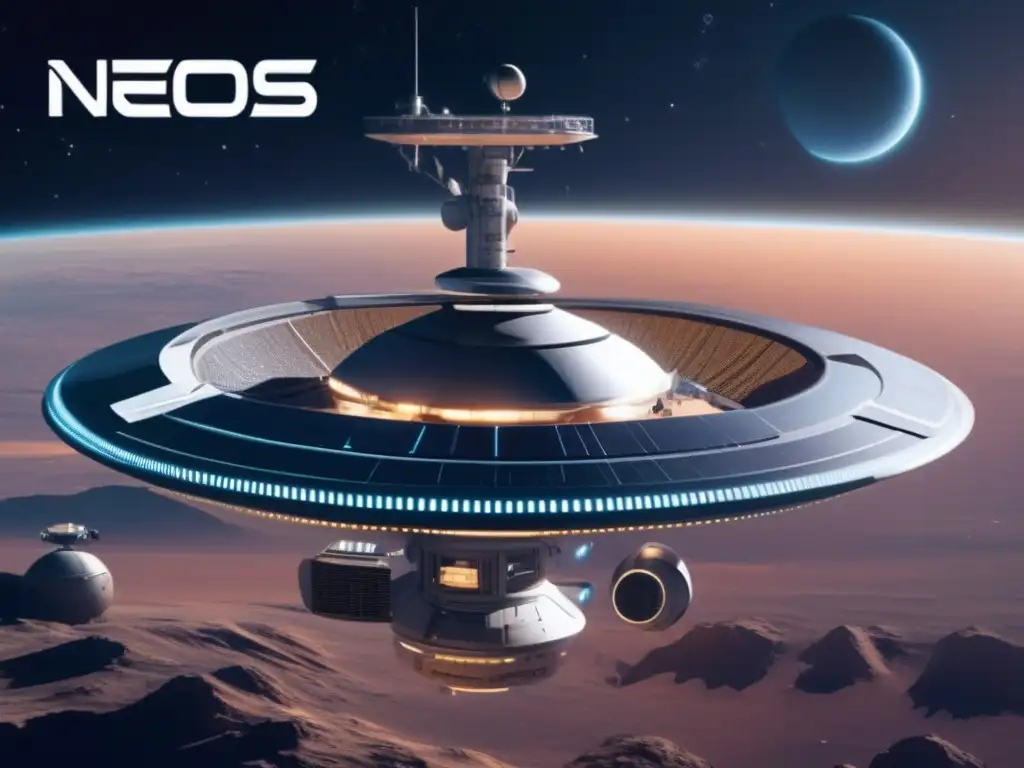 Futuro espacio: estación, asteroides y nave Estrategias de desvío de asteroides en una estación espacial futurista rodeada de asteroides y un nave espacial lista para su misión