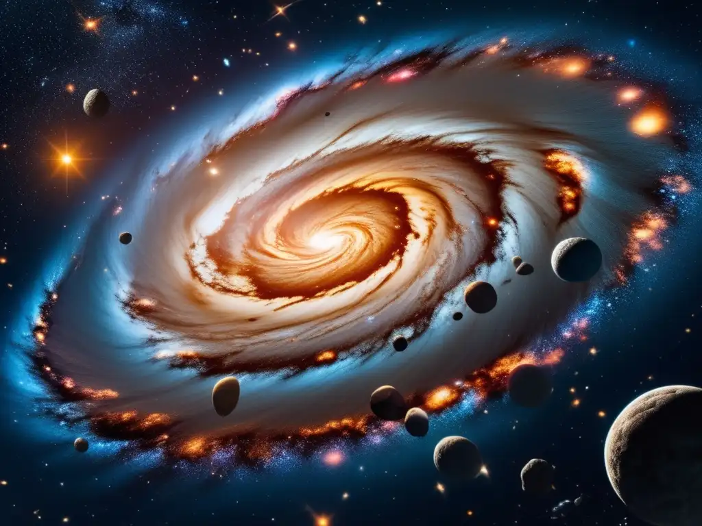 Galaxia espiral con asteroides Galaxia espiral con estrellas, nebulosas y asteroides