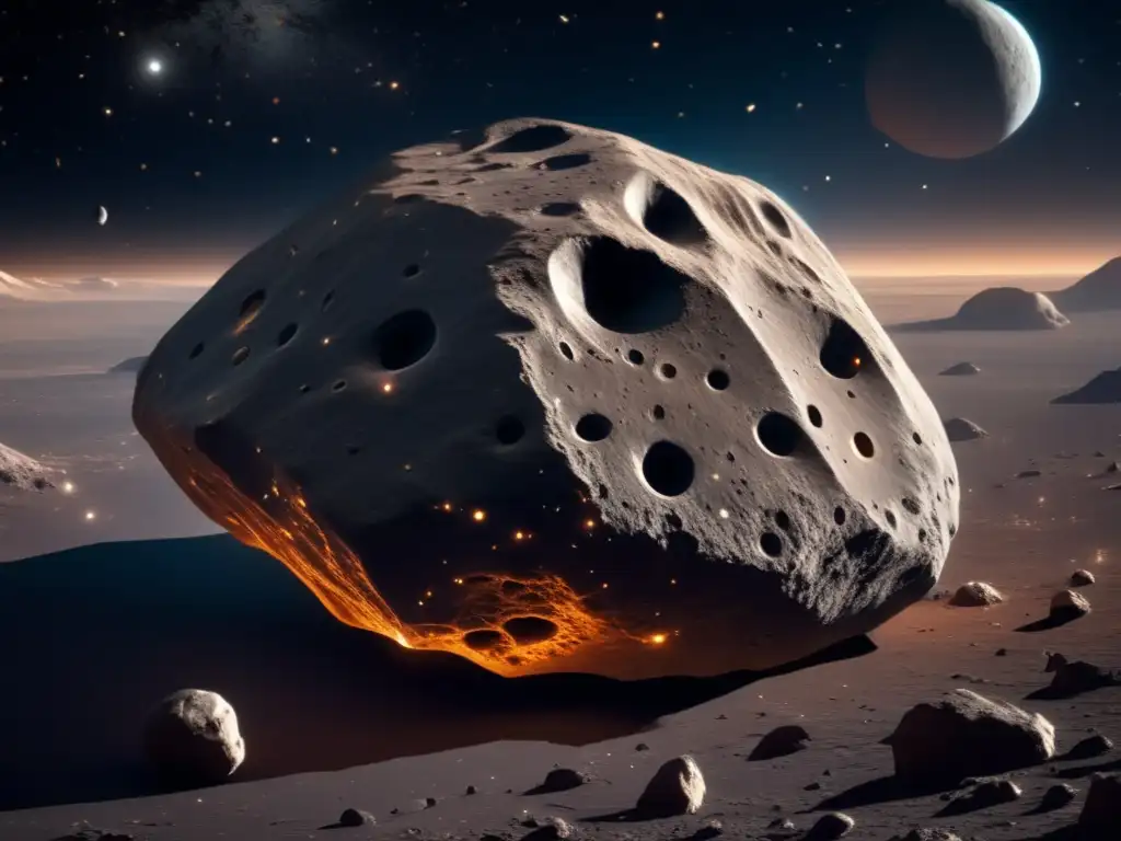 Asteroide rocoso en el espacio Composición y estructura de asteroides: Imagen detallada de un asteroide en el espacio, con textura y composición rocosa, cráteres y fondo cósmico