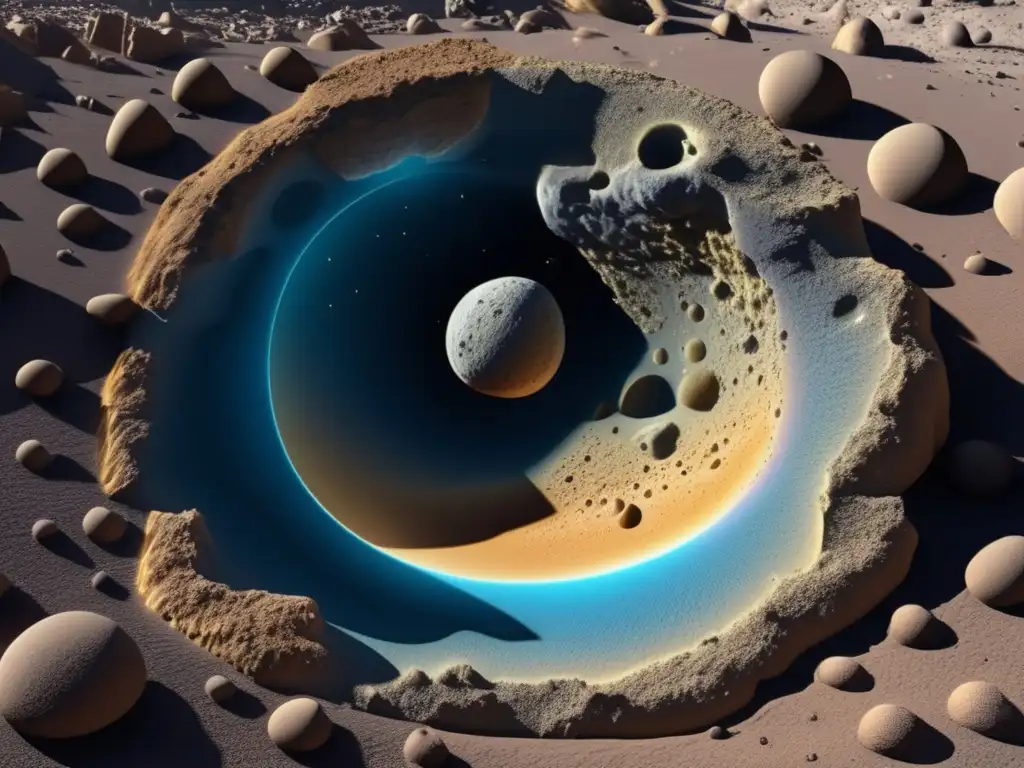 Estructura interior de asteroide Estructura interna de asteroide silicatado: capas de minerales, núcleo metálico y detalles iluminados