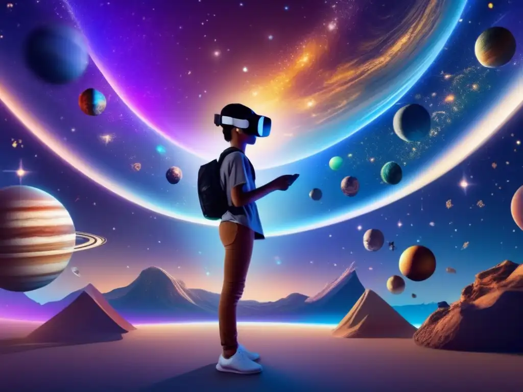 Estudiante explorando el cosmos virtual Estudiante con auriculares de realidad virtual en el espacio exterior