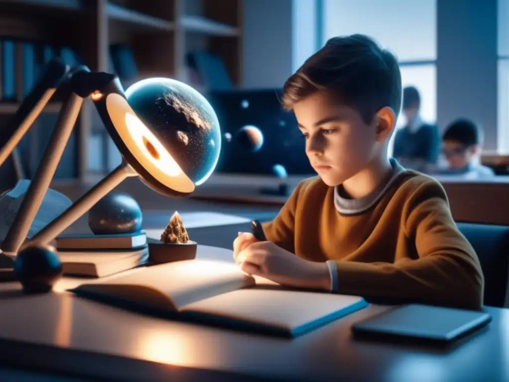Estudiante enfocado en estudio de asteroides Estudiante enfocado y apasionado estudiando asteroides con kits educativos en casa