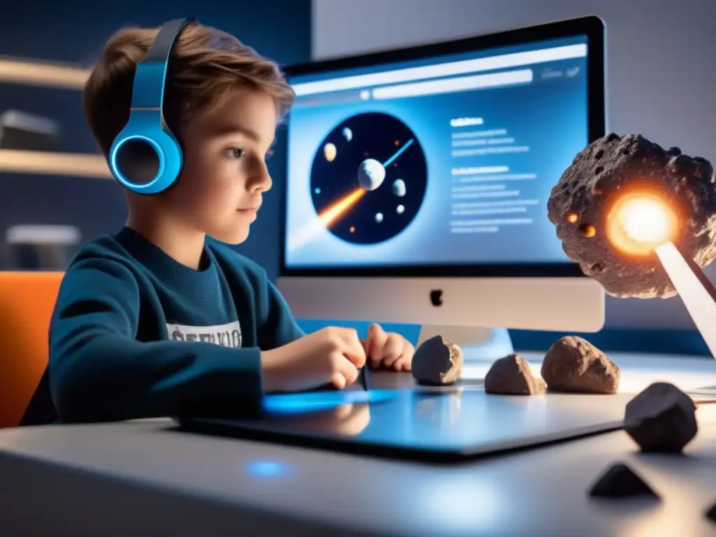 Estudiante explorando asteroides Estudiante explorando Kit educativo asteroides en casa