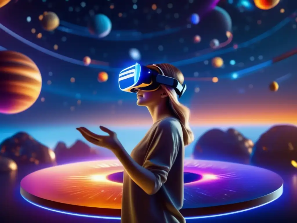 Estudiante interactúa con casco de realidad virtual en entorno digital Estudiante utilizando software interactivo del sistema solar