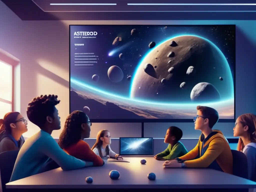 Estudiantes entusiastas explorando asteroides y cine Estudiantes entusiastas en un aula moderna discutiendo una escena de película de ciencia ficción sobre asteroides y cine