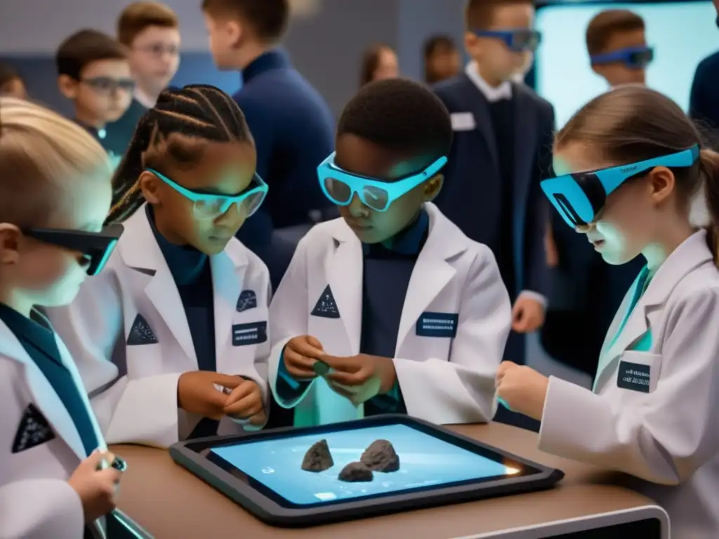 Estudiantes explorando asteroides con tecnología avanzada Estudiantes entusiastas explorando kits educativos de asteroides en una aula futurista