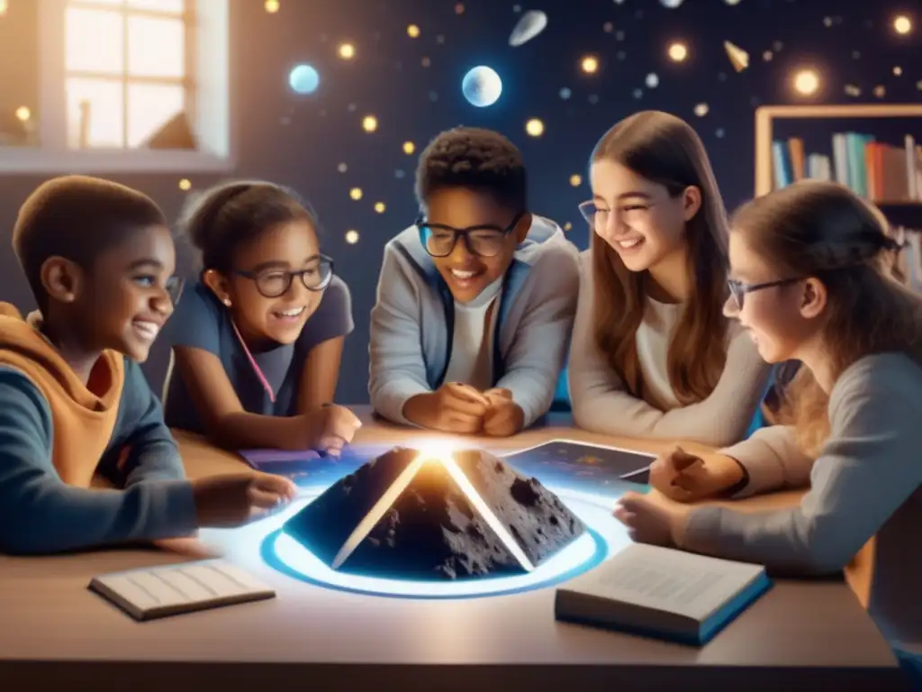 Estudiantes entusiastas trabajando en proyecto de asteroides y matemáticas Estudiantes entusiastas en proyecto colaborativo de asteroides y matemáticas