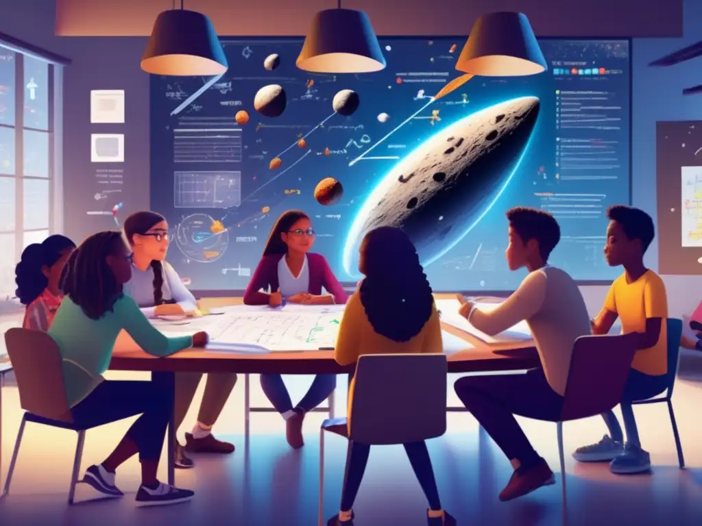 Estudiantes colaborando en proyecto de asteroides y matemáticas Estudiantes colaboran en proyectos escolares asteroides matemáticas