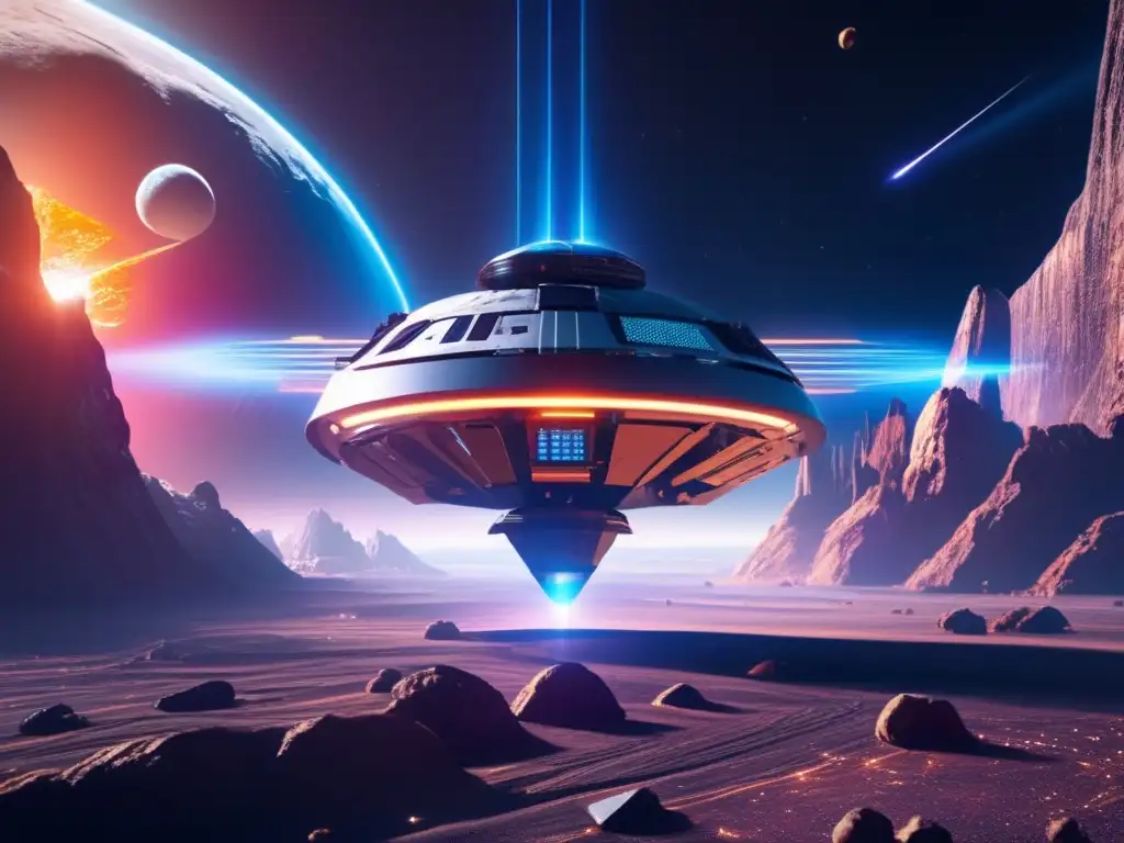Estación espacial futurista en asteroide Estudio de asteroides para defensa planetaria en una estación espacial futurista rodeada de láseres